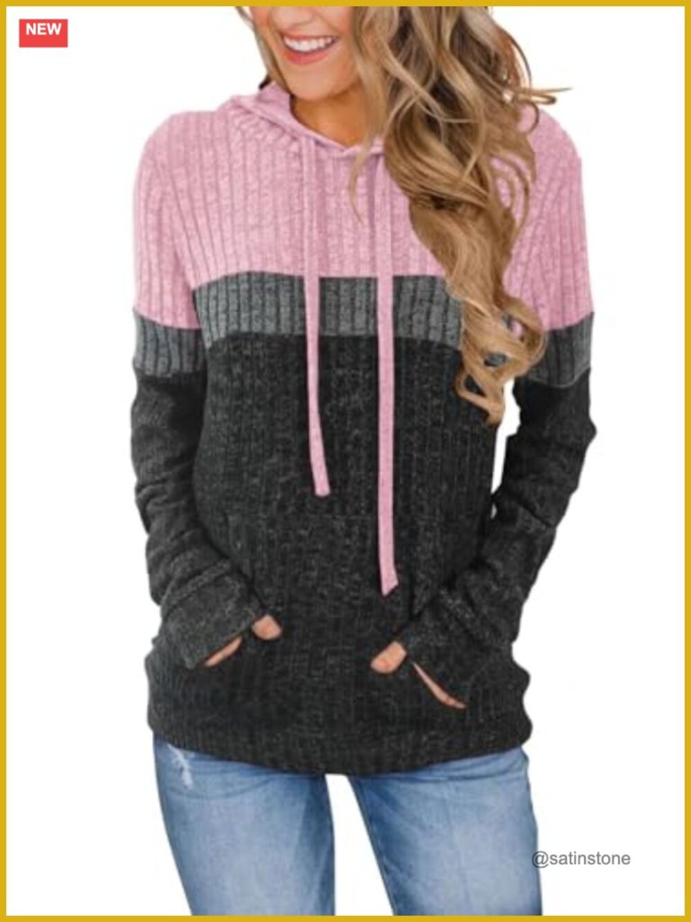 Color Block Knit Hoodie Women's Long Sleeve Pullover Sweater with Pocket Casual